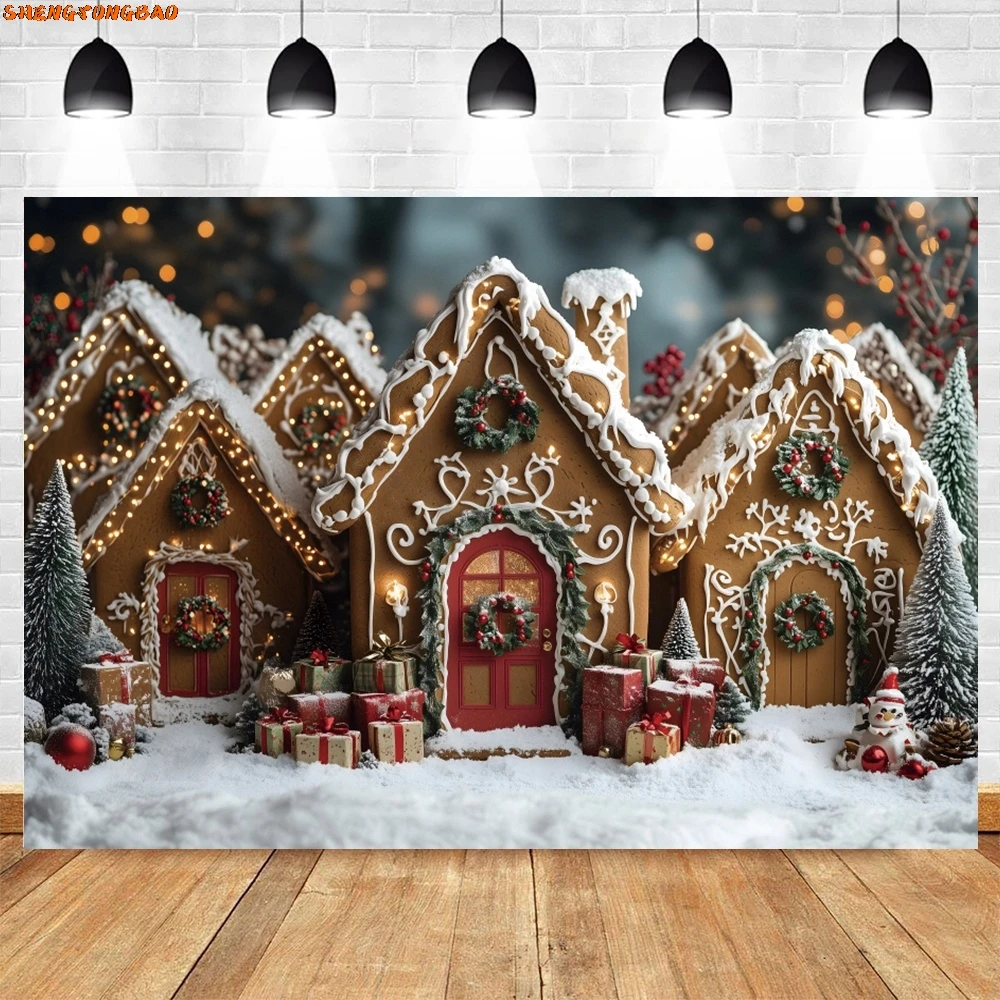 Snowy Gingerbread House การถ่ายภาพพื้นหลังฤดูหนาว Xmas Tree หิมะสีขาว Holiday Decor ฉากหลังเด็ก Portrait Photobooth Props