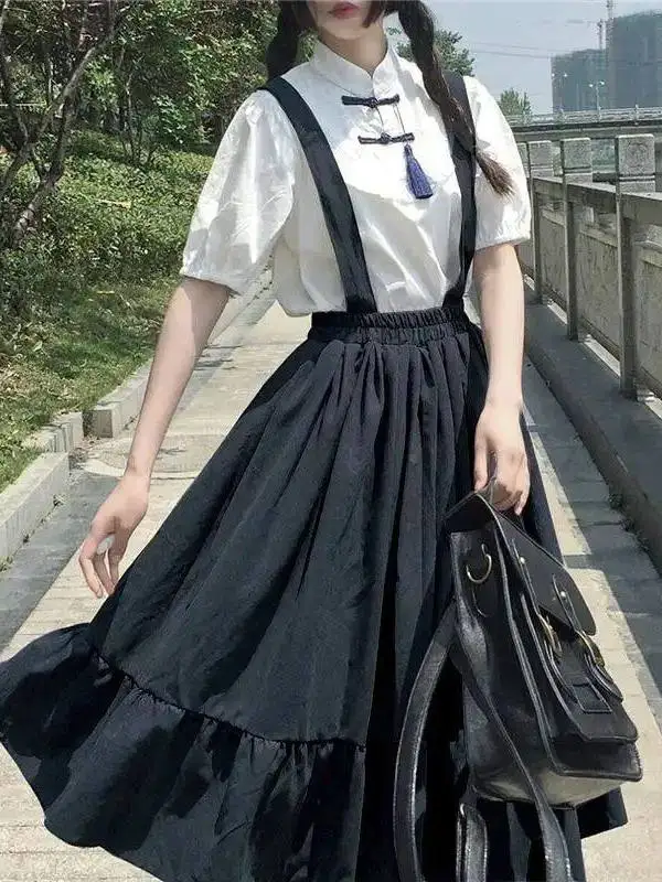 

Sweet Preppy Sle Women's Skirt with Straps Long Ruffle Design mid Waist H-ape PVC Fabric Ciwalk Suitable Batwing pe