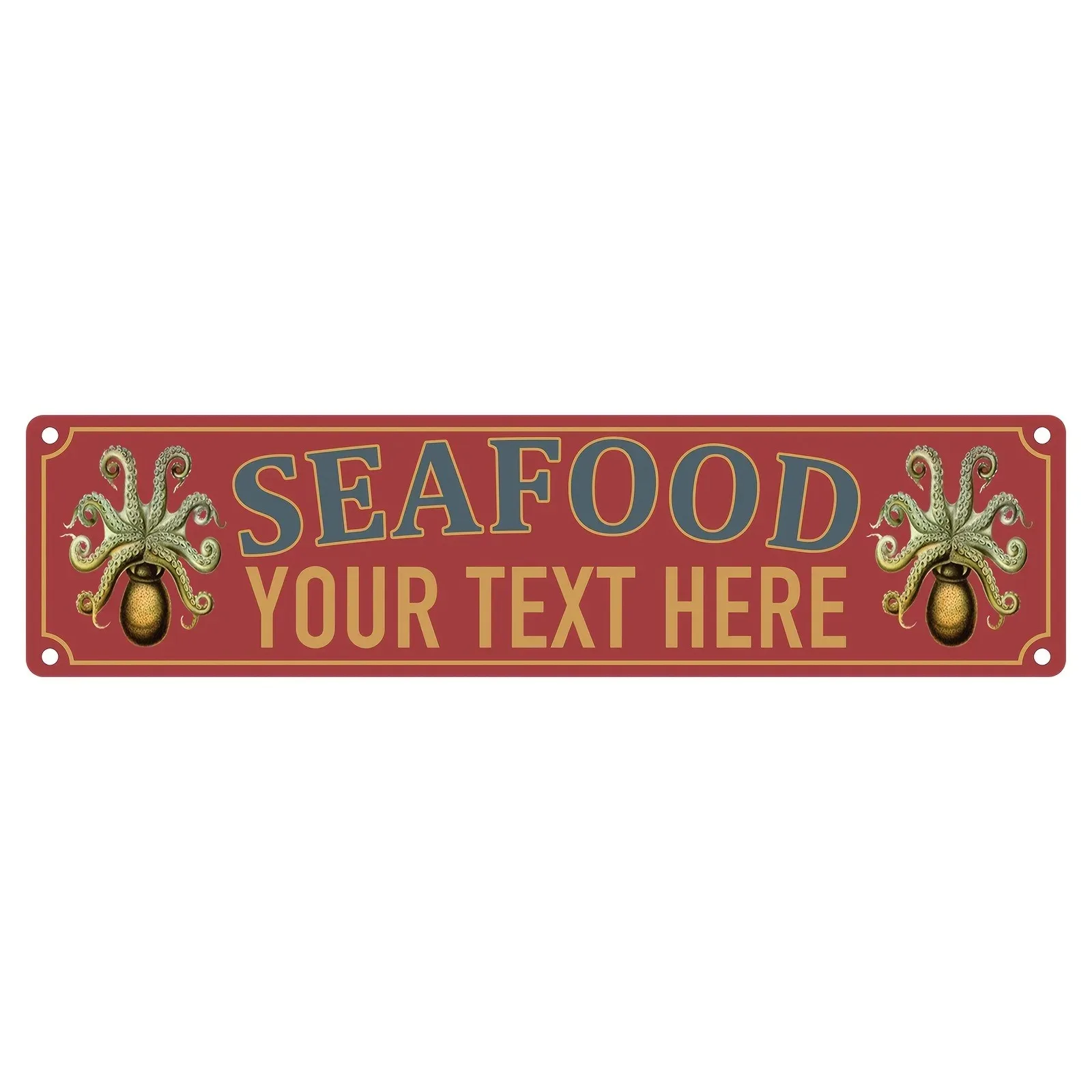 1pc Customizable Octopus Seafood Metal Plaque, Personalized Custom‑Text Vintage Red Wall Ornament for Restaurant Cafe Bar Decor