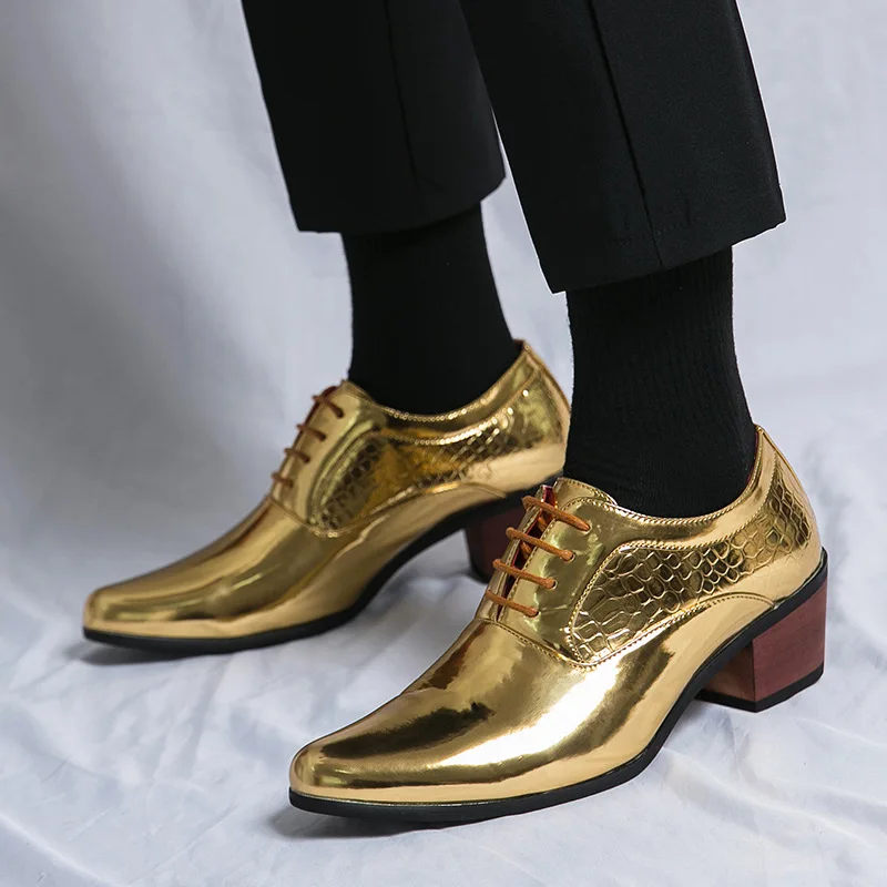 Gold Loafers Men Party Dress Shoes Wedding Business Oxford Shoes Men Height Increase Patent Leather Formal Shoes Plus Size 46