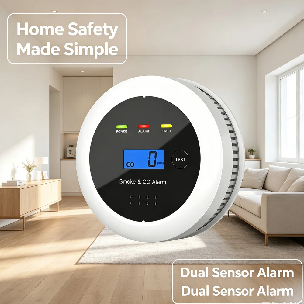 2 in 1 LCD Display CO and Smoke Alarm Detector, High Sensitivity Dual Sensor for Home Kitchen, 90dB Alarm