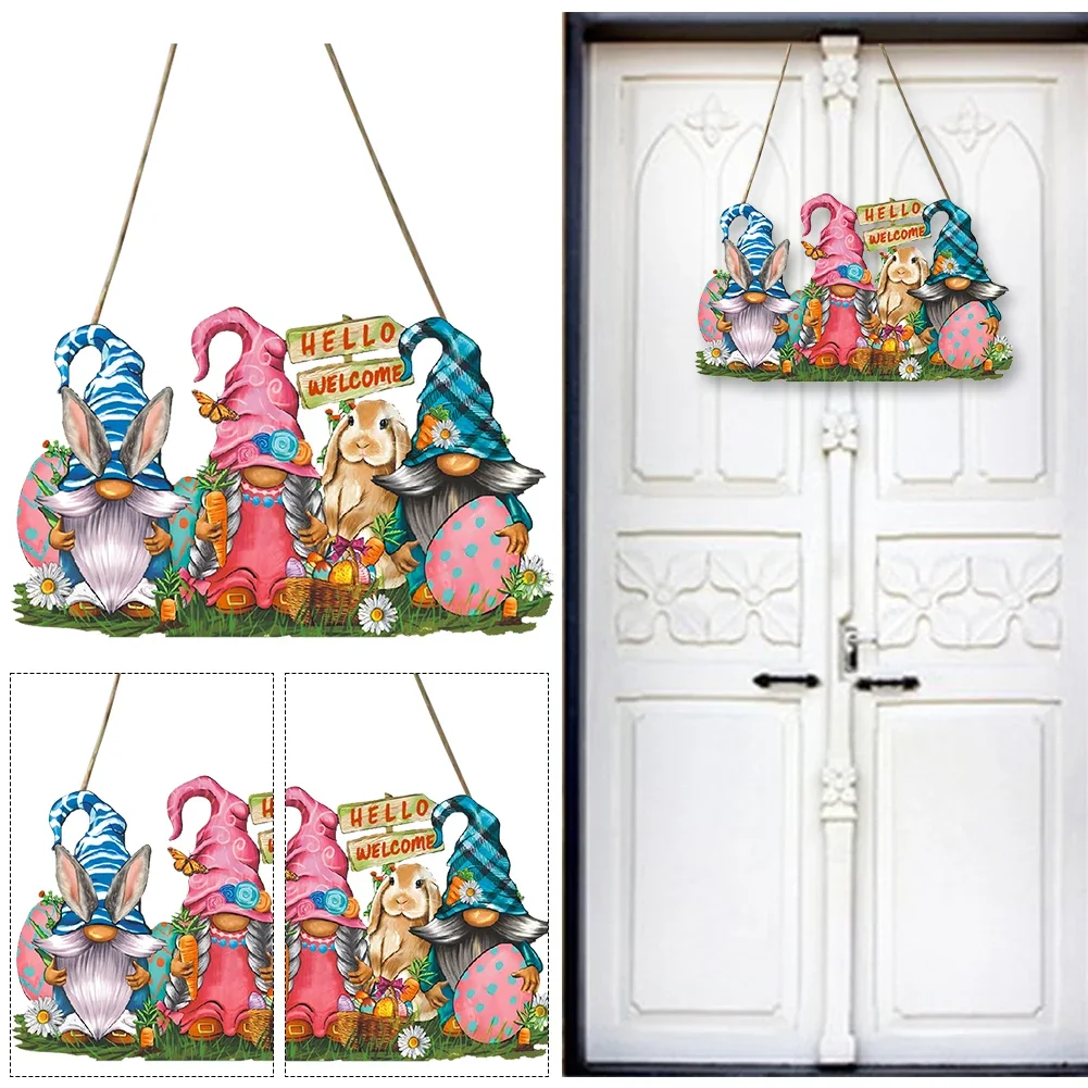 Easter Wooden Gnome Hanging Decor Cartoon Gnome Door Welcome Sign Rabbit Elf Colorful Welcome Door Sign