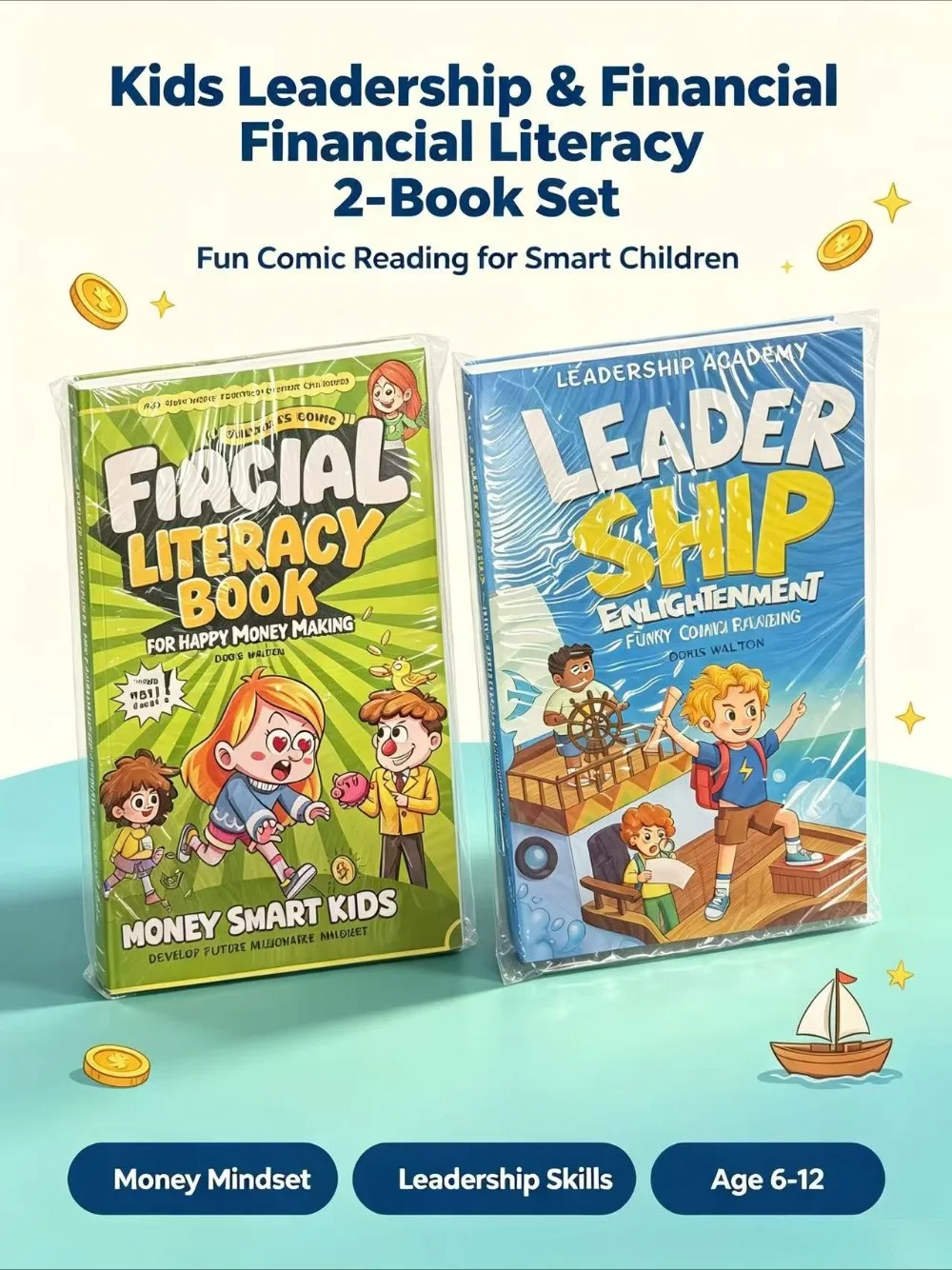 2 Kids Book Set:Leap Ship Enlightenment Reading + Financial Literacy Book for Kids Children Money & Leadershi LearningComicBooks