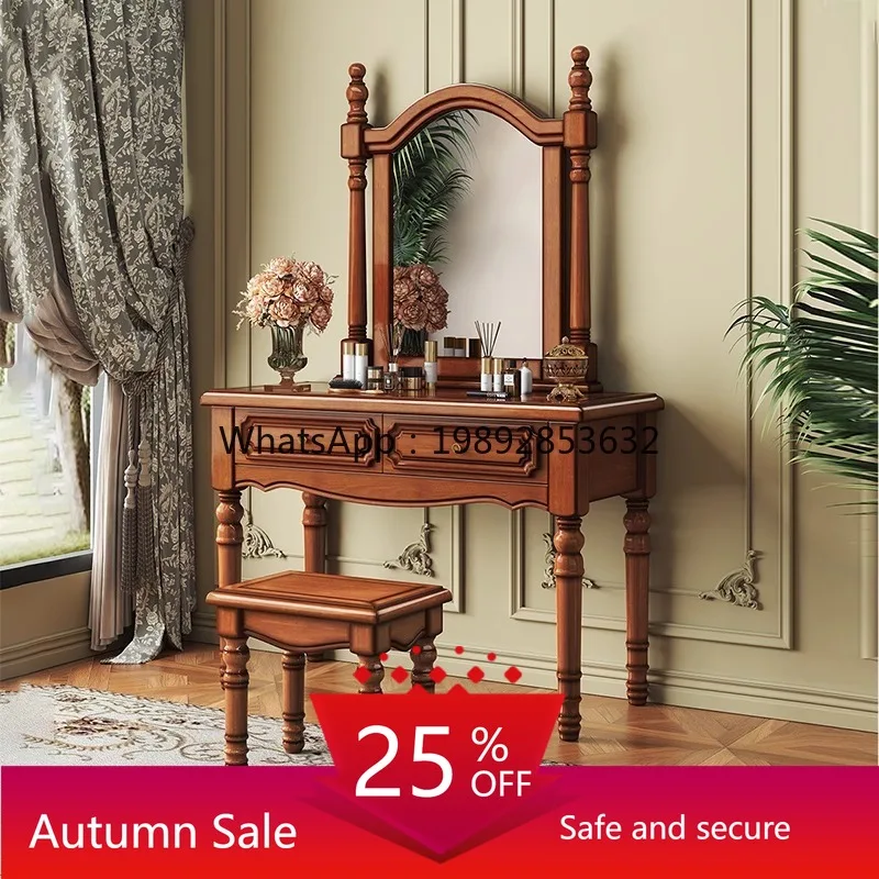 

LYY Vintage Solid Wood Dressing Table Bedroom Simple Makeup Table with Drawer and Stool Mirror