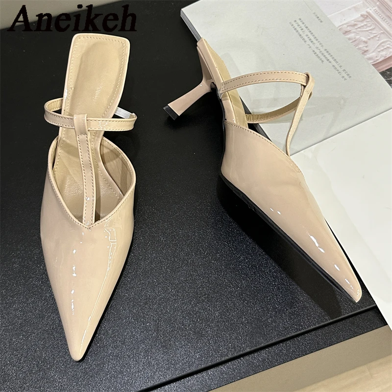 Aneikeh NEW Spring/Autumn Fashion Sewing Solid Slip-On Pumps Shallow Women Sexy Pointed Toe Ladies Mules Shoes Wedding  T-Tied