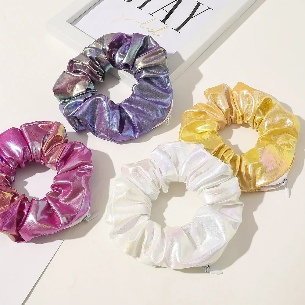 Sight Secret Hair Tie Hidden Storage Compartment With Zip PU Shiny Color Hair Scrunchie ⁣⁣Stash Pocket Travel Stash Safe Woman