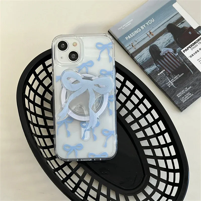 Korea Cute Pink Blue Bowknot Magnetic Holder Grip Tok Griptok Phone Stand Holder Support for IPhone 16 for Pad Magsafe Smart Tok
