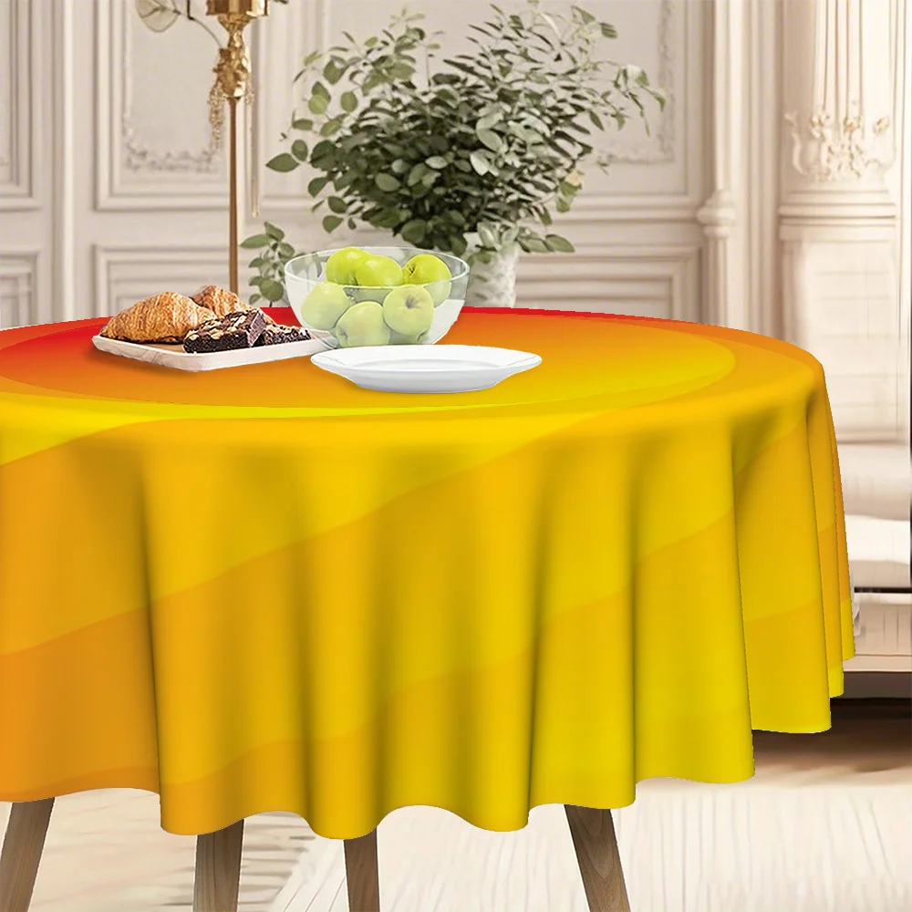 Gradually warming yellow spiral abstract print kitchen and dining room round tablecloth, twill polyester material