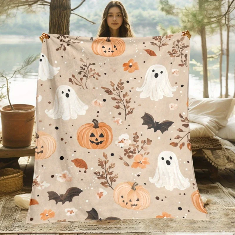 1PC Halloween Ghost Pumpkin Floral Soft Plush Flannel Blanket Lightweight Durable for Upholstering Home Decor