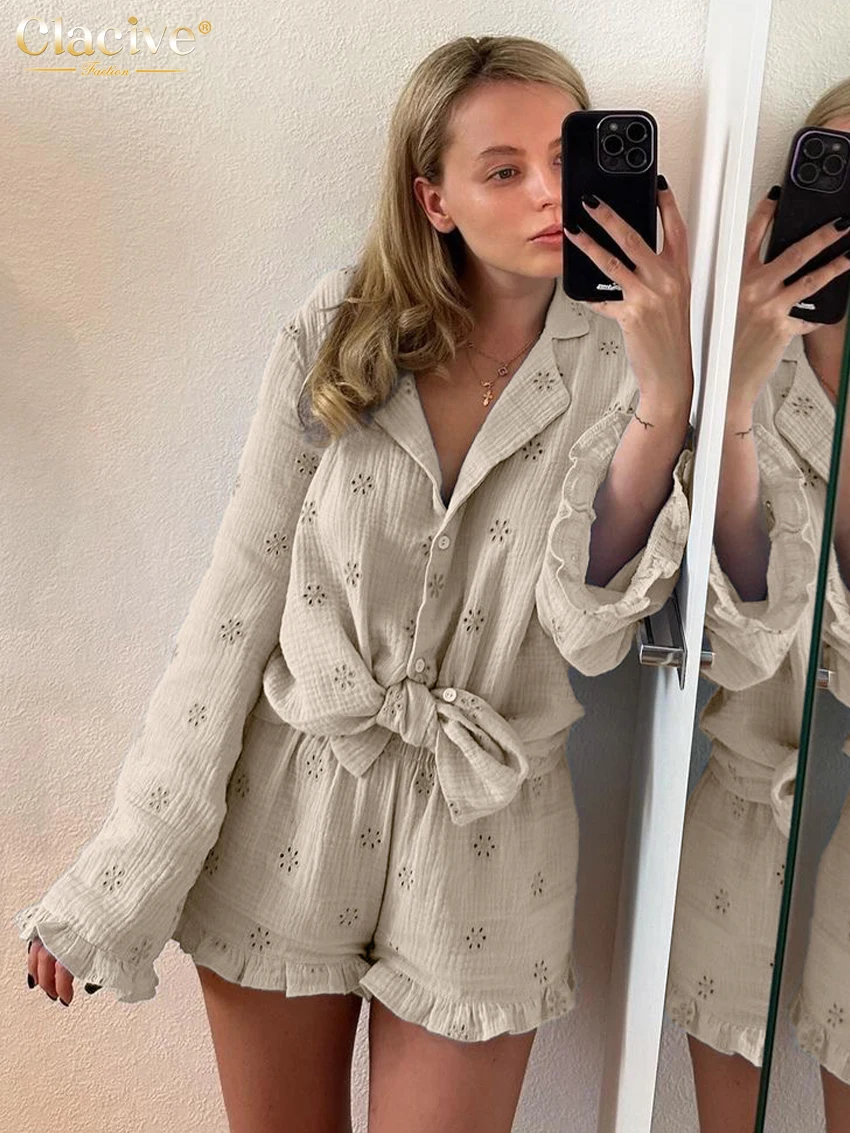 

Clacive Fashion Loose Khaki Cotton 2 Piece Sets Women Outfit 2024 Elegant Long Sleeve Shirt With High Waist Ruffle Shorts Set