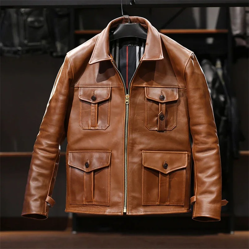 2024 Men's Horween-USA Cowhide Leather Jacket Top Quality Vintage Pockets Classic Coat