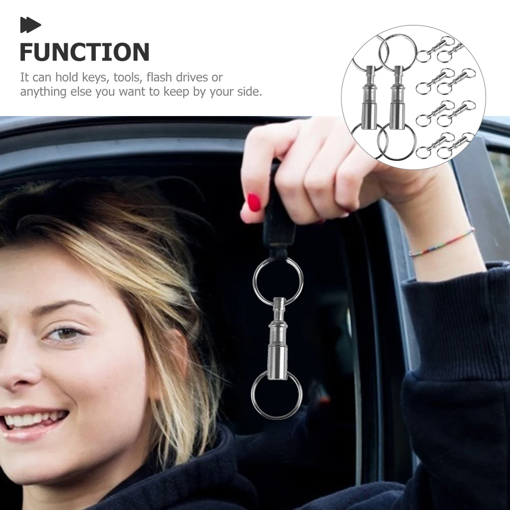 

10pcs Key Chain 8x2.5cm Silver Metal Quick Release Dual Ring Split Rings Spring Loaded Camping Hiking Accessory