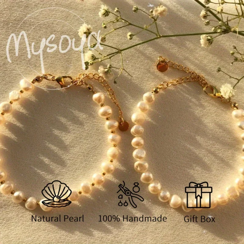 

MYSOYA 5-6 мм белый браслет из пресноводного жемчуга в стиле барокко для женщин и мужчин с подарочной коробкой, ювелирное изделие на свадьбу, день рождения, юбилей, подарок