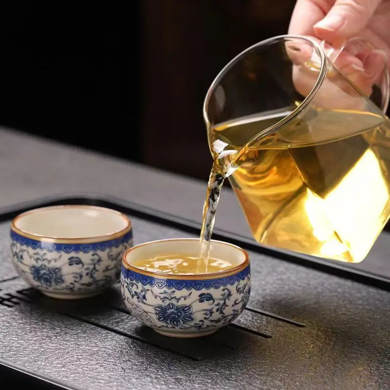 Ceramic Tea Cups Chinese Style Blue and White Ru Kiln 1/3/6pcs Set Master Cup Luxurious Kung Fu Tea Set Enamel Tea Cup