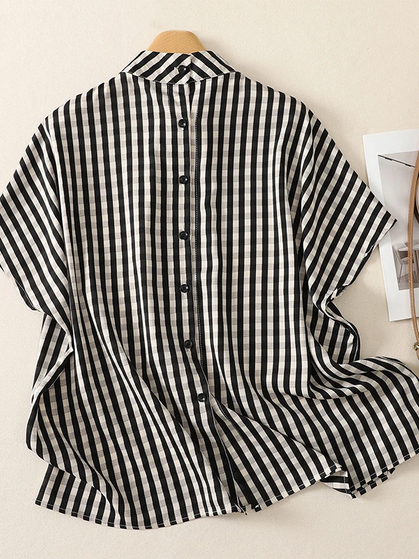 

Casual Stripe Pattern Women's Shirt Loose Fit Summer New Style Fashionable Black White Grid Top Casual Design Versatile Small...