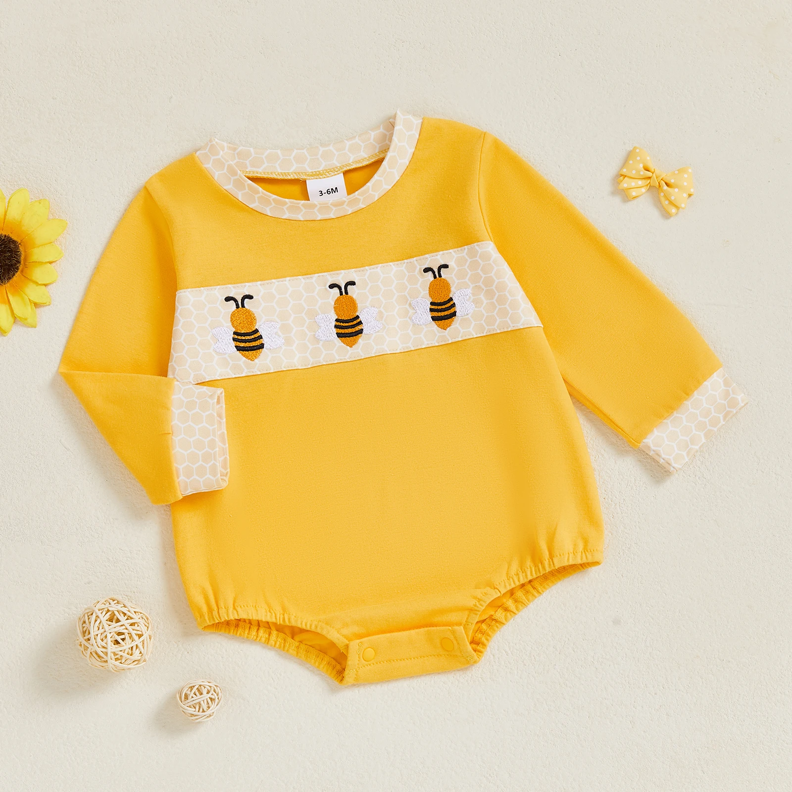 

Tregren Infant Baby Sweatshirt Romper Bee Embroidery Long Sleeve Round Neck Bodysuit for Newborn Boys and Girls Casual Clothes