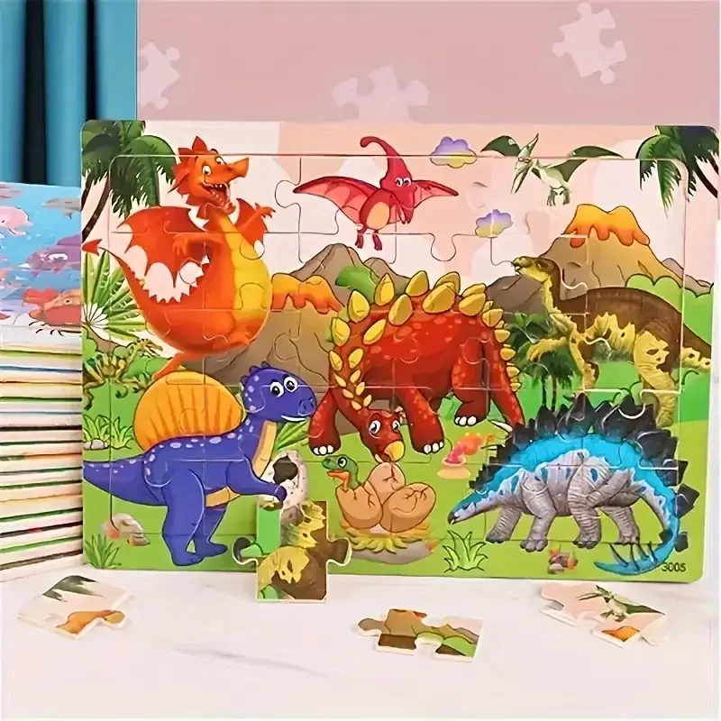 30pcs Wooden Jigsaw Puzzle Set Cartoon Animals and Dinosaurs Theme, Early Education Learning Toys for Shape Recognition