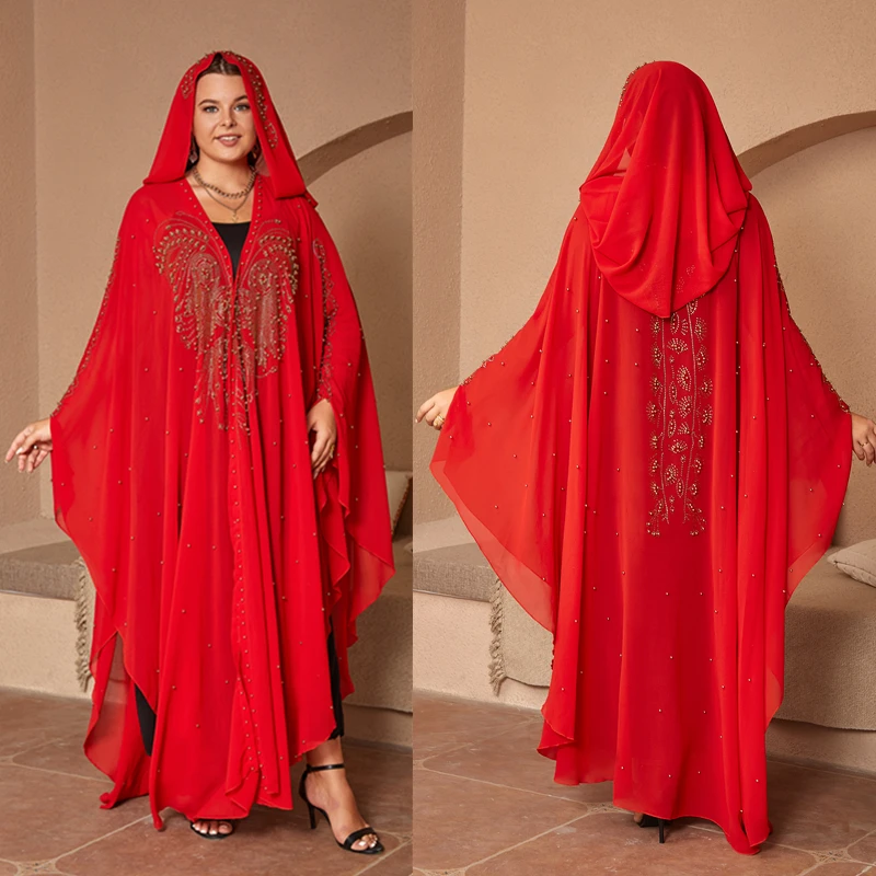 African Fashion Abaya Design Bazin Chiffon Long Sleeve Dashiki Dress For Women Muslim Beads Diamond Hood Kaftan Free Size Robe