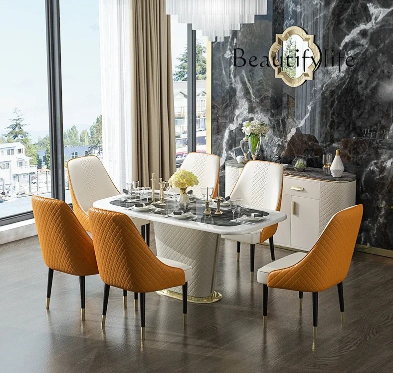 

muebles para hogar Marble Dining Chairs Light Luxury Rhombus Leather Stainless Steel Titanium Dining Tables and Chairs Combinati