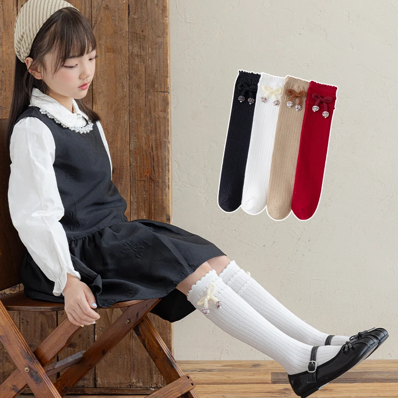 Elegant Princess Calf Socks For Kids Sweet Hand‑Crochet Cherry Bow With Tiny Pearl Ornaments Soft Stretchy Fabric For Daily Wear