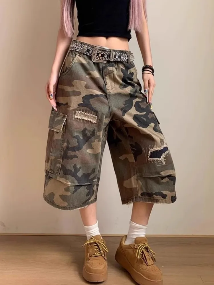 

American Retro Ripped Patch Straight Camouflage Denim Shorts Women's Summer Street Loose Casual Wide-leg Cropped Pants