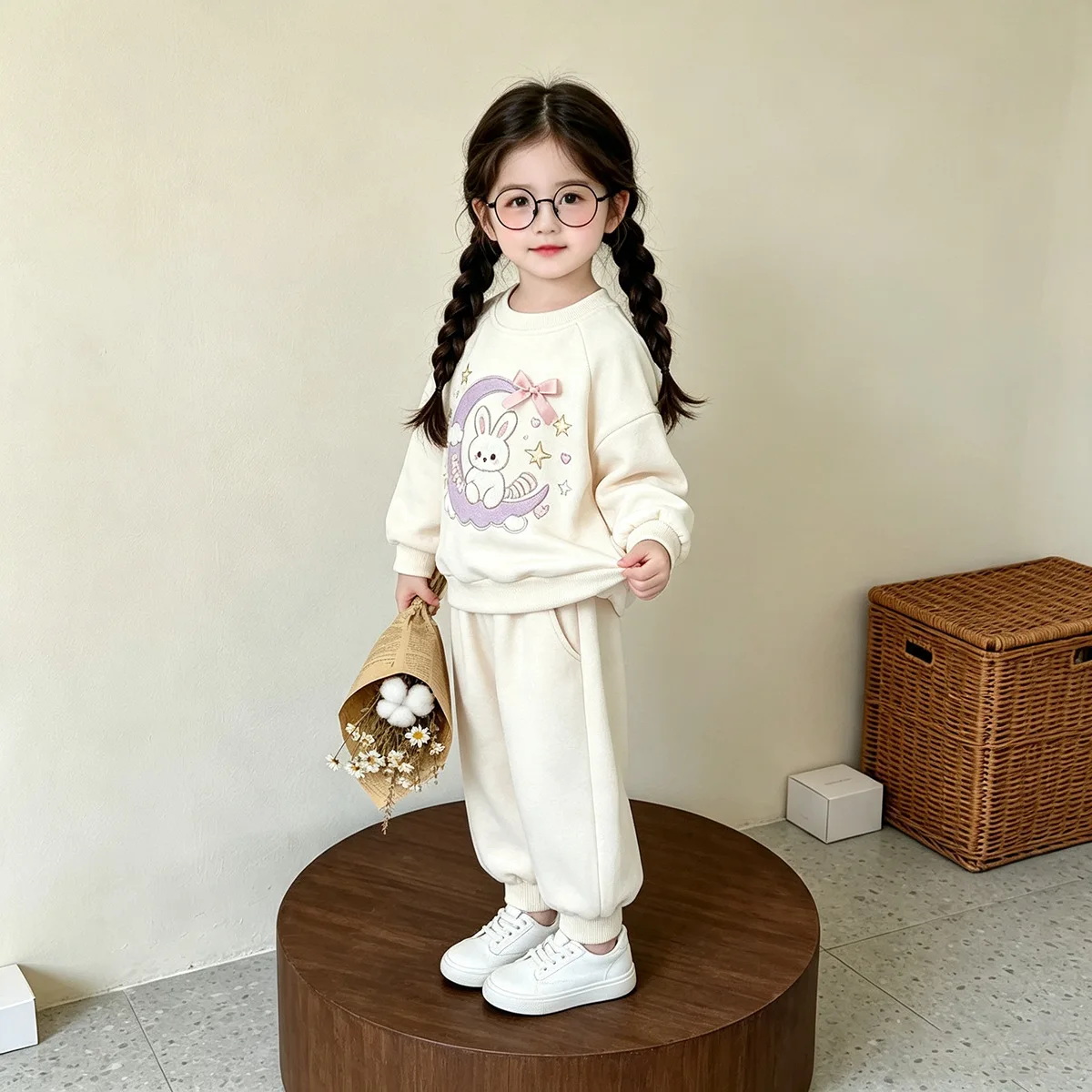 Mädchen Frühling Herbst Cartoon Sweatshirt-Set – Oberteil mit Hasen-Print & Hose mit Schleife, 2-teiliges Freizeitoutfit für Kinder – Detail 4