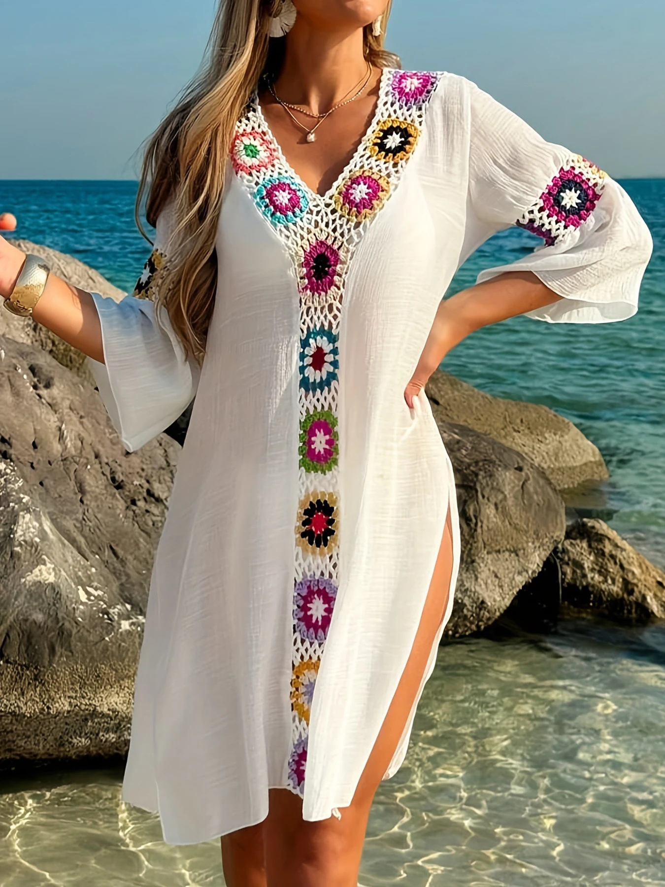 Robe transparente décontractée de vacances, blouse de protection solaire respirante, Style à la mode, Crochet à la main, bloc de fleurs, vêtements de plage, couverture de plage