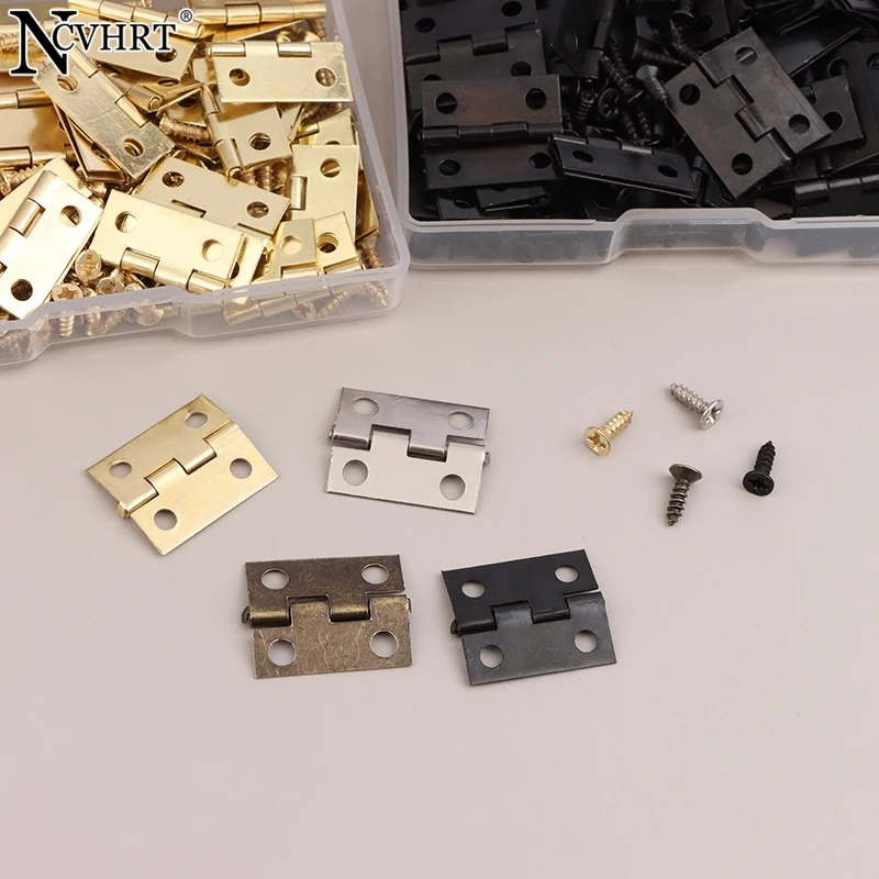 50Pcs/box Hinges + 200 Screws Iron Gold Silver Black Bronze 4 Holes Durable Furniture Hardware Mini Hinge Decor