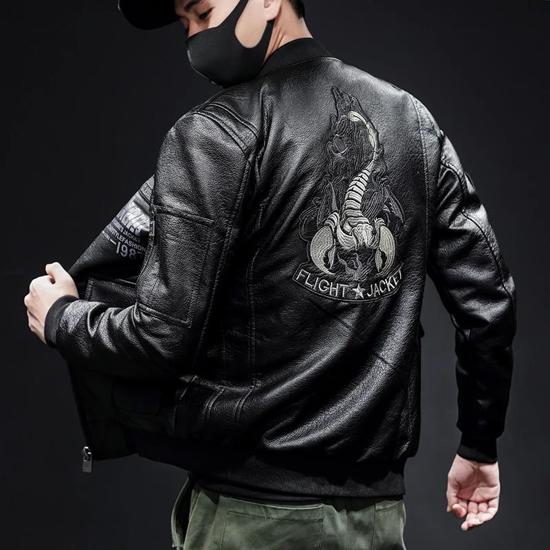 Leather Jacket Men's Autumn Korean High Street Fashion Embroidery Fur Clothing Locomotive Match Casual Slim Male Coat Streetwear