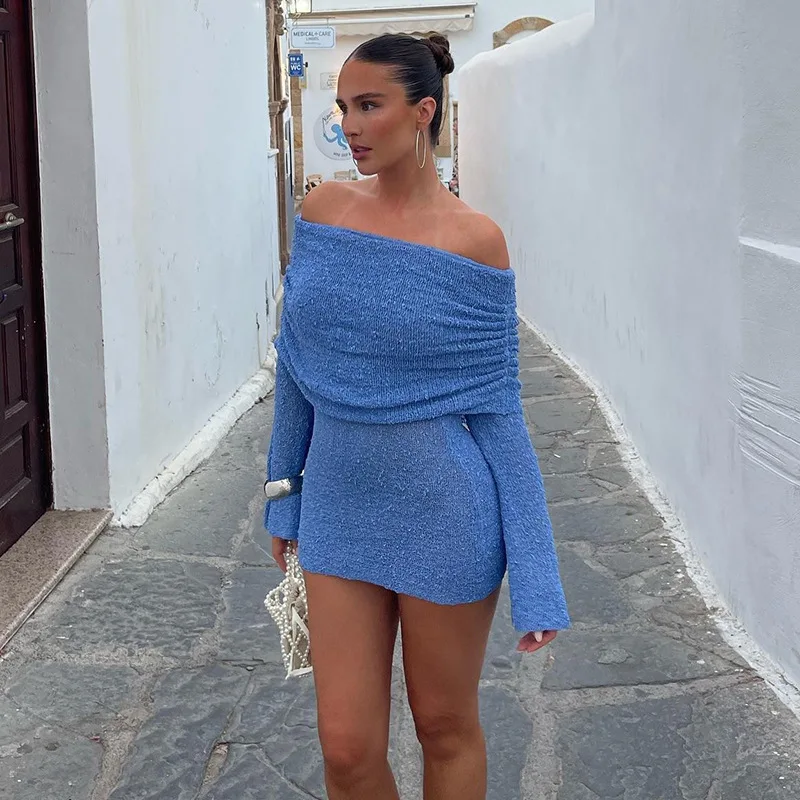 CHNMR Women Elegant See Through Soild Dress Female Hollow Out Off-Shoulder Long Sleeve Mini Dresses Casual Beach Party Vestidos