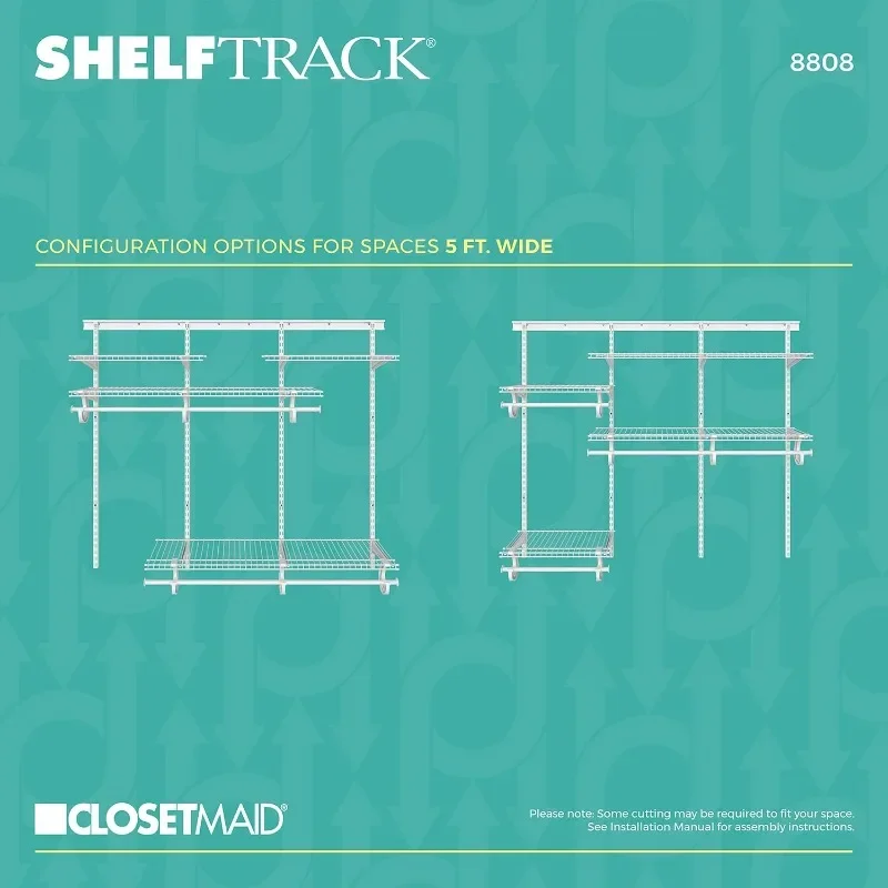 Shelftrack Wire Closet Organizer System, ajustável de 4 a 6 pés Durable Steel Clothes Rods com prateleiras, Hardware, Branco