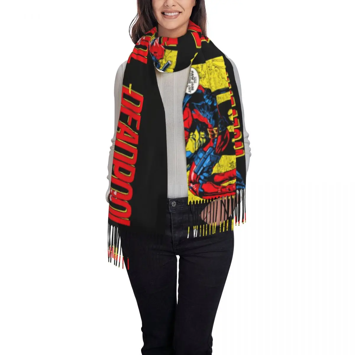 Custom Deadpool Wolverine Cartoon Tassel Scarf Women Winter Warm Shawl Wrap Ladies Scarves