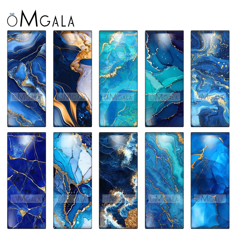10pcs Assorted 10x25mm Rectangle Glass Cabochons Blue Golden Imitation Stone Texture- Ideal for DIY Jewelry Making & Crafts