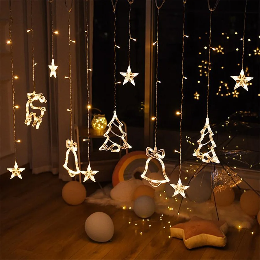 220V EU Plug LED Christmas Garland Fairy String Lights 8 Modes Xmas Tree Elk Bell Curtain Lights for Party Wedding Bedroom Decor