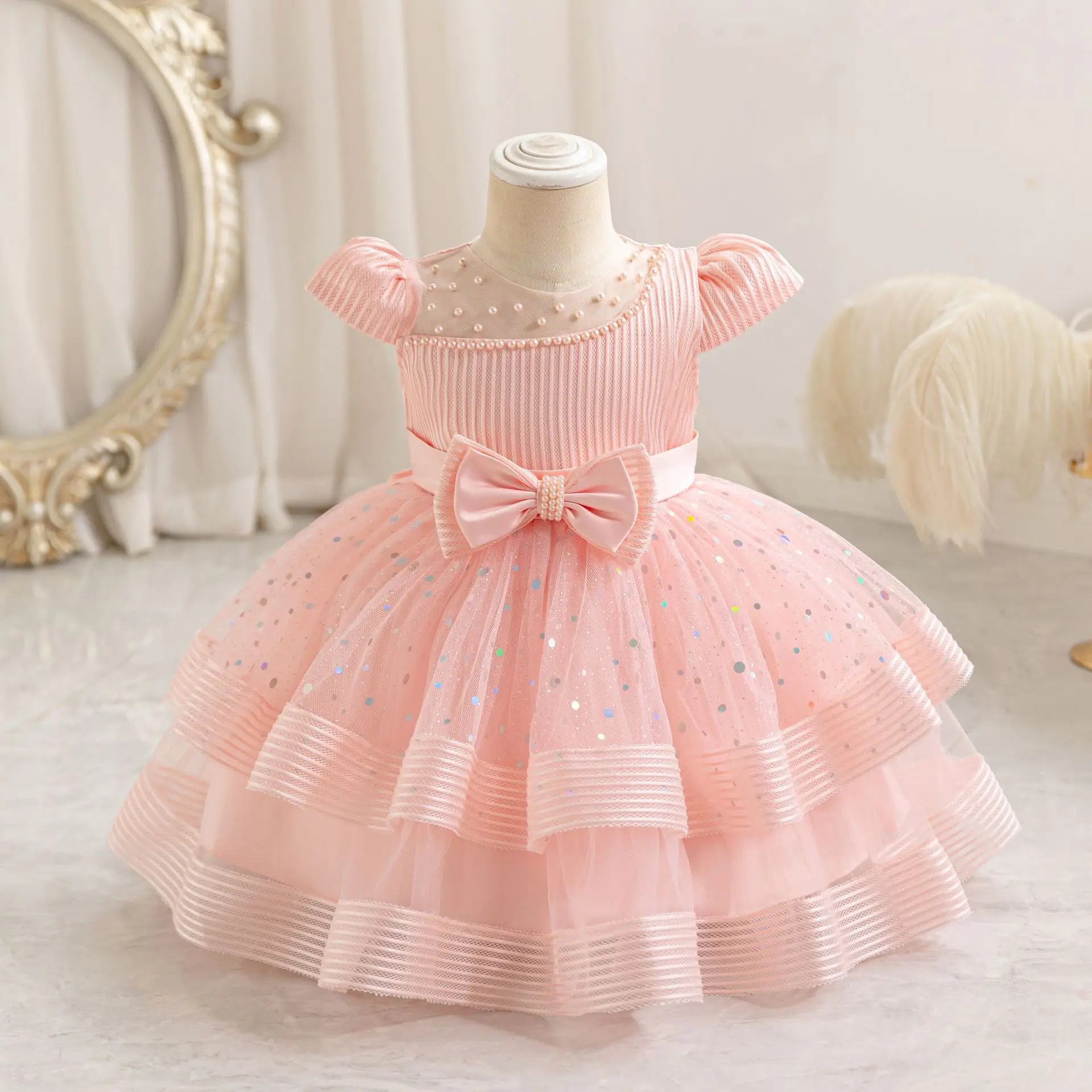 N60 Sweet Memory Flower Girl Dress Baby Dress Little Kids Dresses Christmas Sequins Pom Gown Girl Birthday Party Dresses