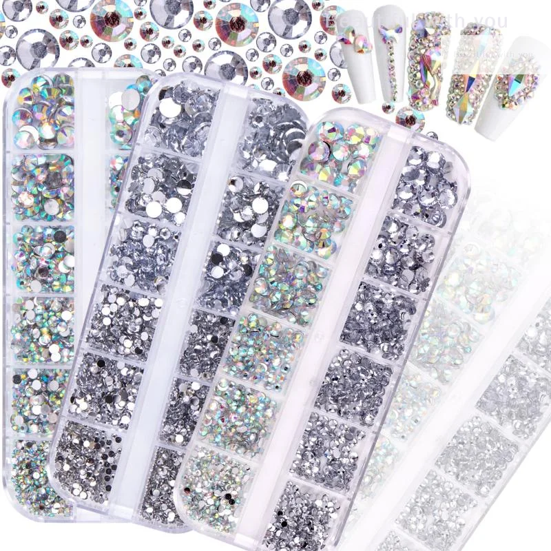

12Grids Box Mix Nail Art Rhinestone Nail Beads AB Crystal Flatback Jewelry Gems With Storage Organizer For Multicolour Nail Art
