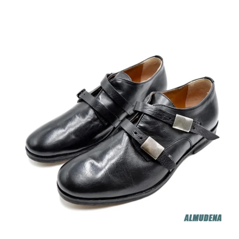 

Black Genuine Leather Men's Dress Shoes Retro Round Toe Buckle Closure Formal Business Casual Wedding Party Oxford Shoes