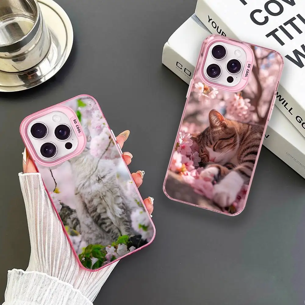 

Lovely Cat And Pink Flowers Phone Case For iPhone 16,15,14,13,12,11,Mini,Pro,MAX Pink Matte Shockproof Cover