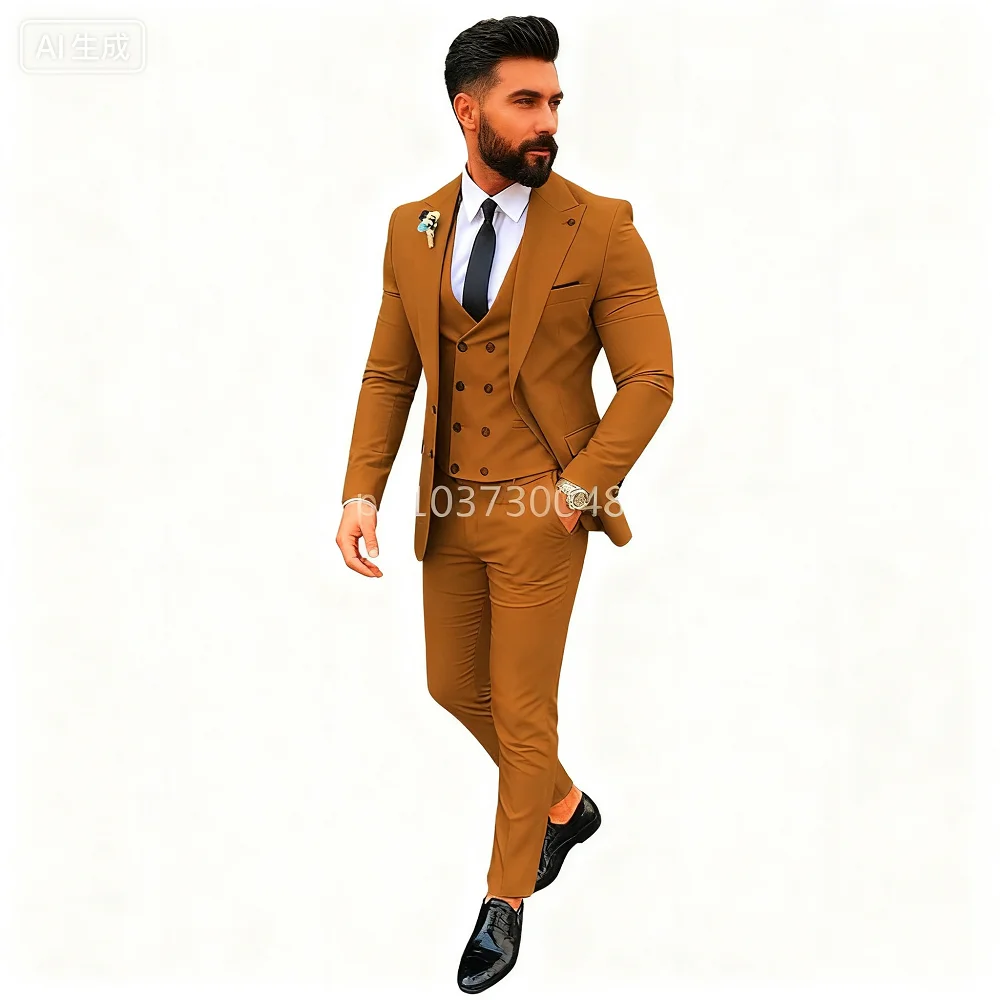 

3PCS Men's Tuxedo Suits Set with Peak Lapel Blazer Double Breasted Vest And Pants for Wedding And Business Casual Occasions