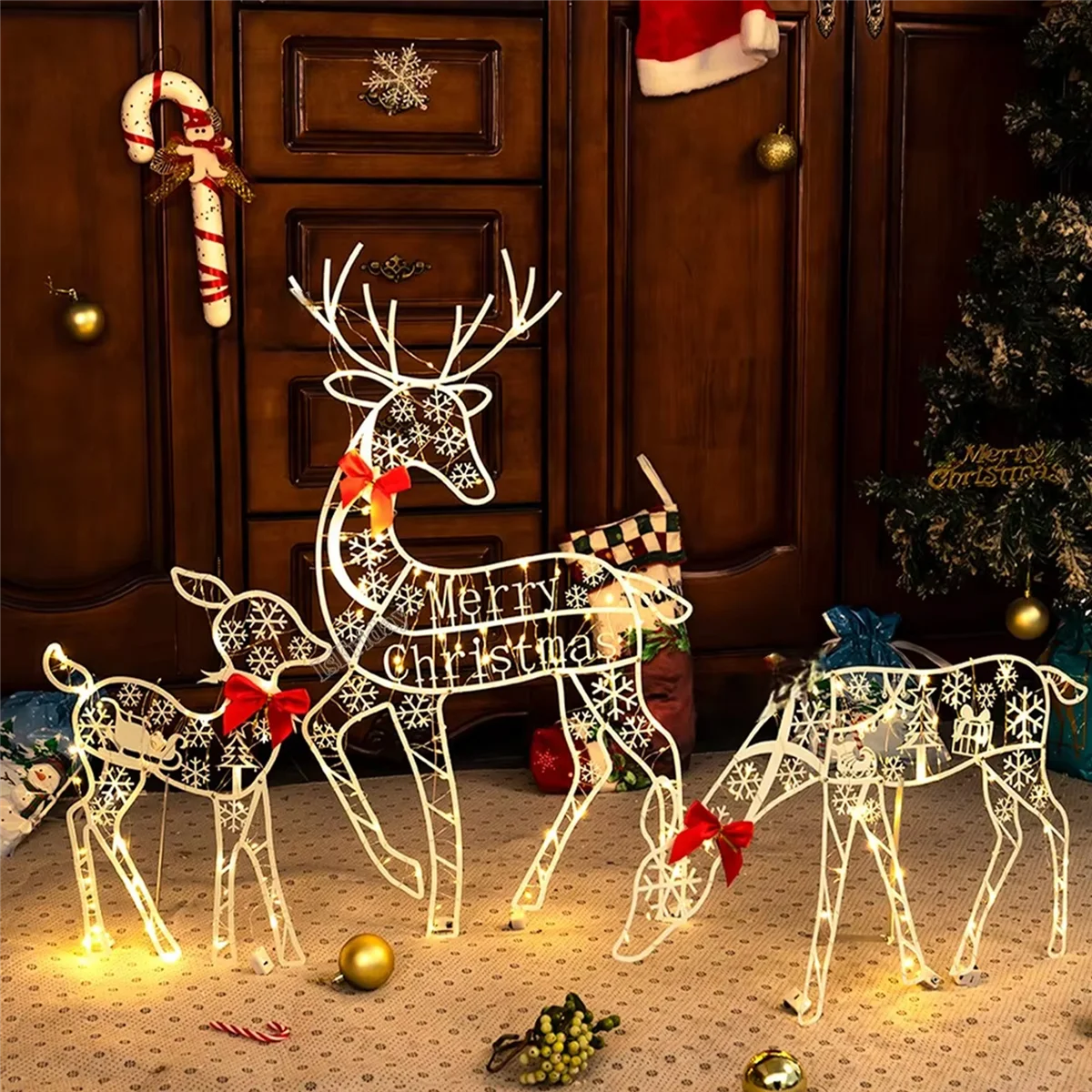 A06RP 3PCS Handmade Iron ArtElk Deer Christmas Garden Decor &LED Light Glowing Glitter Reindeer Xmas Home Outdoor Yard Decor