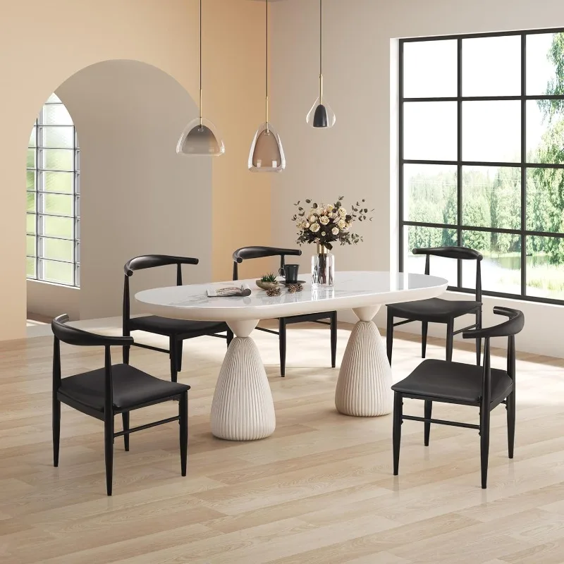 ชุดเก้าอี้ทานข้าว 6 ตัว สไตล์โมเดิร์นกลางศตวรรษ หุ้มหนัง พร้อมพนักพิงไร้แขนและขาโลหะ สำหรับห้องครัว รูปทรงตัวแอล