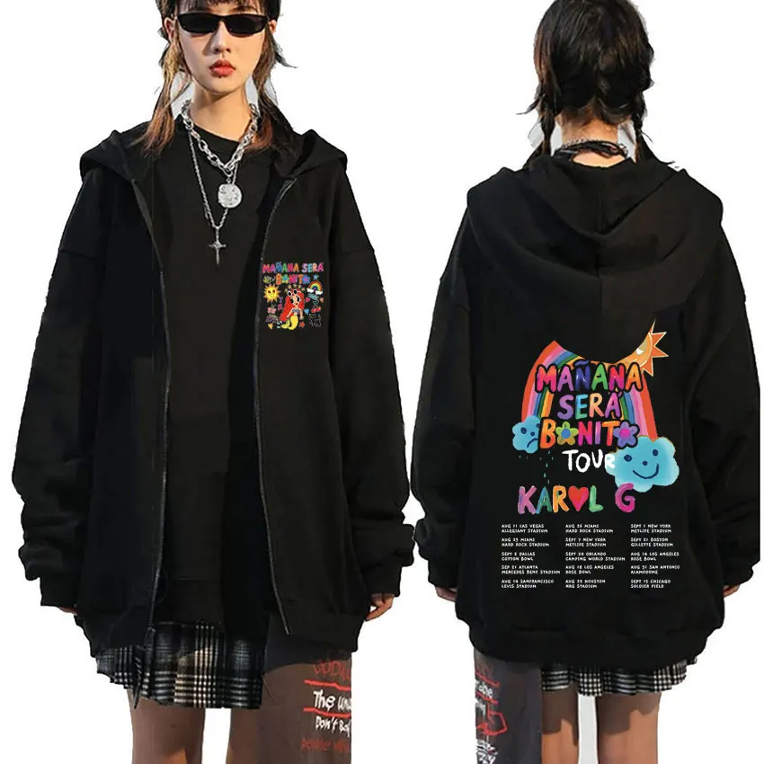 

Singer Karol G Heart Mañana Sera Bonito Album Tour Graphics Zipper Hoodie Men Women Kawaii Oversized Cartoon Music Zip Up Jacket