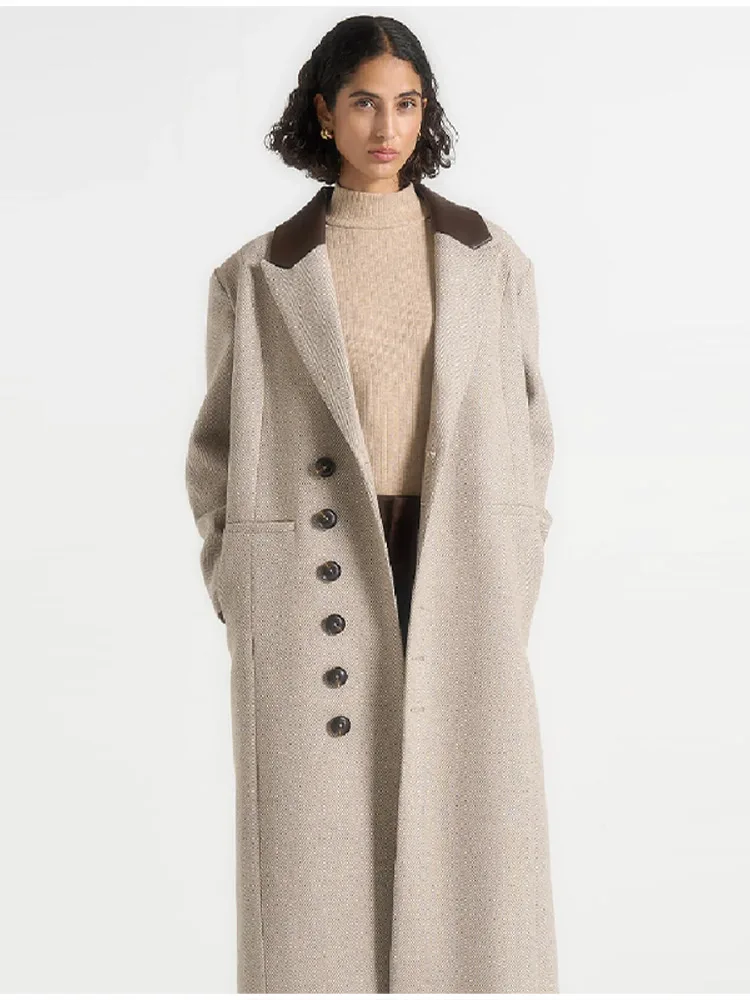 Chic High Neck Vintage Grey Woolen Overcoat For Women Long Sleeve Single Breasted Long Jacket 2025 New Lady Autumn Winter Coats