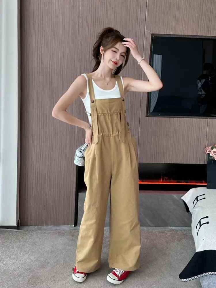 Korean Version Women Khaki High Waist Loose Fashion Wide Leg Jumpsuit Spring Summer Casual Elegant Drawstring Pleated Dungarees