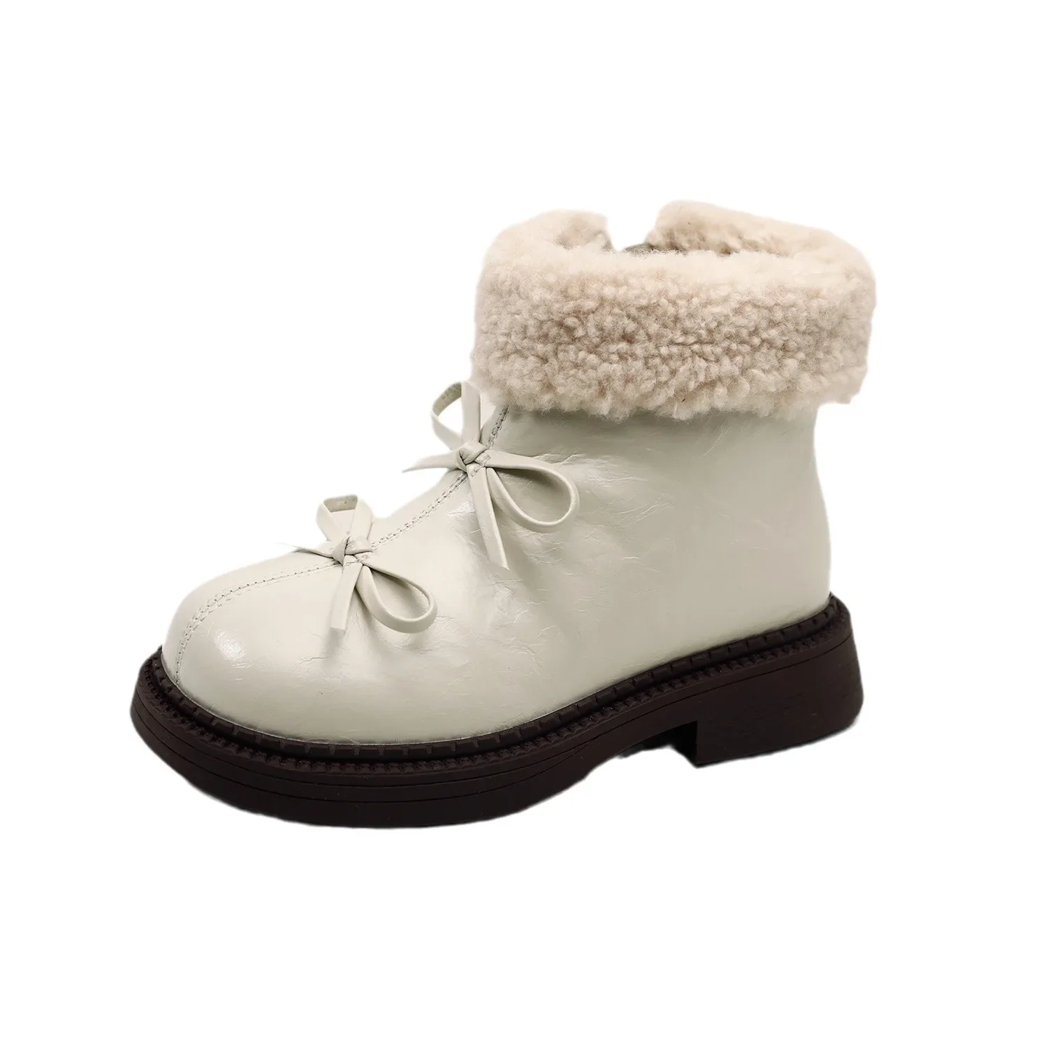 Autumn Winter Children's Girls Fashion Middle Calf Princess Plush Warm Boots Kids Toddler High Top Bowtie Platform Leather Boots