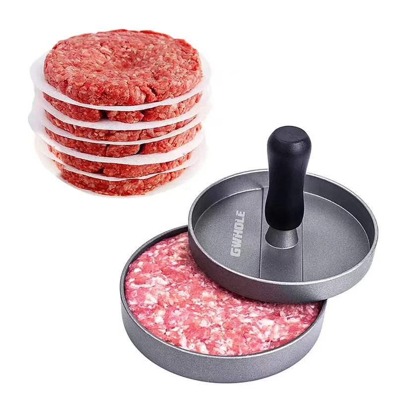 Hamburger Meat Press Patty Maker Stainless Steel Hamburger Mold Non-Stick Burger Meat Maker with 100 Patty Papers Kitchen Grill