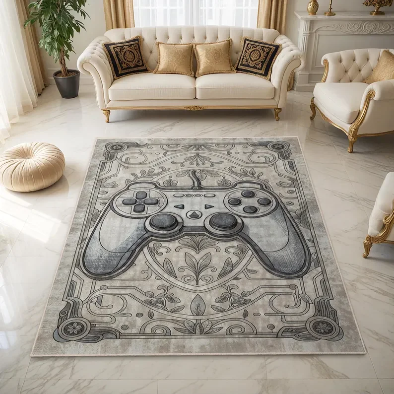 Game Controller Pattern Carpet Mat Rug Home Decoration Living Room Bedroom Retro Video Game Design Non Slip Durable