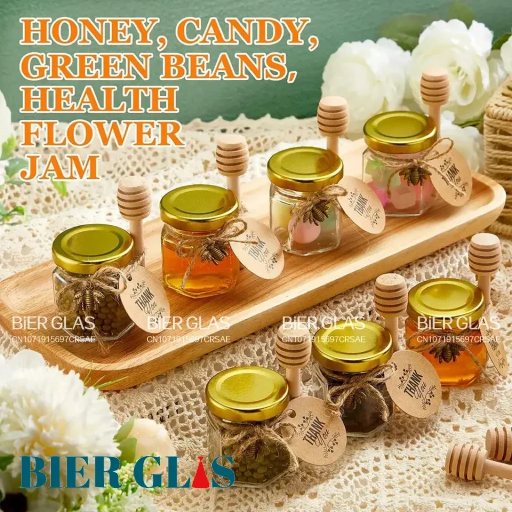 1.5oz Hexagon Mini Glass Jar Wood Dipper Gold Lid Bee Pendant Jute Rope Set Or Small Containers Bottles for Jam Candies Honey