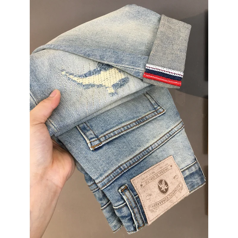 

Retro distressed patch jeans 2025 new style American nostalgic high street trend high-end slim fit small straight leg pants