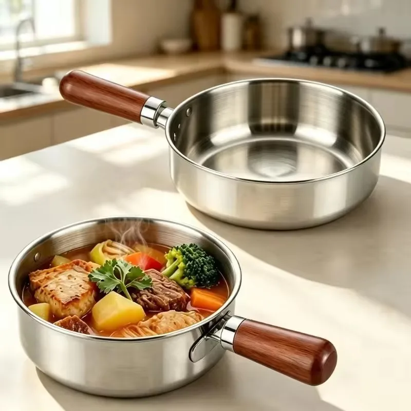 Stainless Steel Milk Pot Glass Lid Heat Resistant Wooden Handle Induction Non Slip Heat Noodle Bowl Dorm Student Baby Food